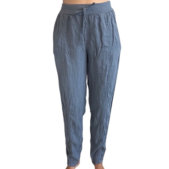 Flax Pants Tapered Leg Blue Lagenlook Casual Hippie Linen Tie Waist Size Small - Picture 1 of 7